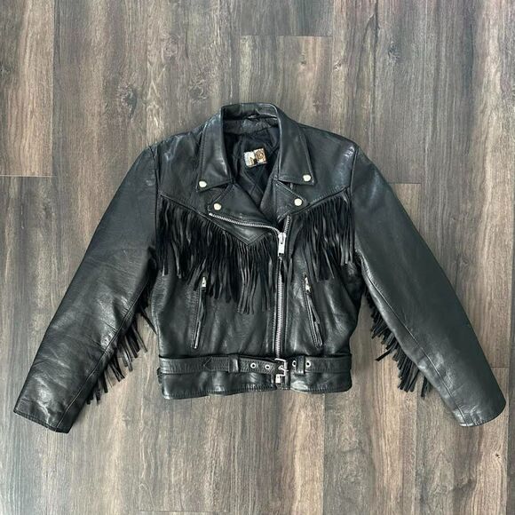 Jackets & Blazers - Vintage Leather Fringe Motorcycle Jacket Zip Up Collared Pinup Greaser Sz Medium